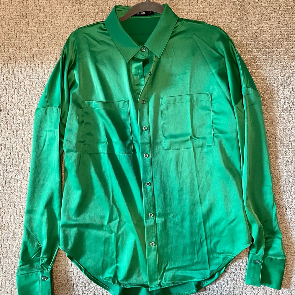 Green Silk Long Sleeve and Pant Set, Nasty Gal x Maeve Reilly, S/M, Brand New